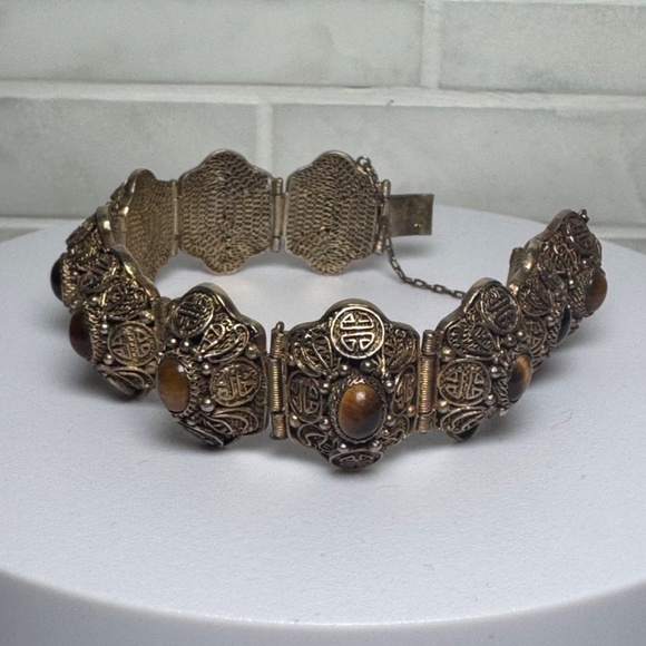 Vtg Chinese Export Bracelet Tiger's Eye Cabochon Silver Gilded Vermeil Filigree - Picture 2 of 16